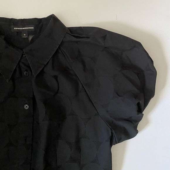 Express Design Studio women’s collar top button down black short puff sleeves M - Picture 7 of 14